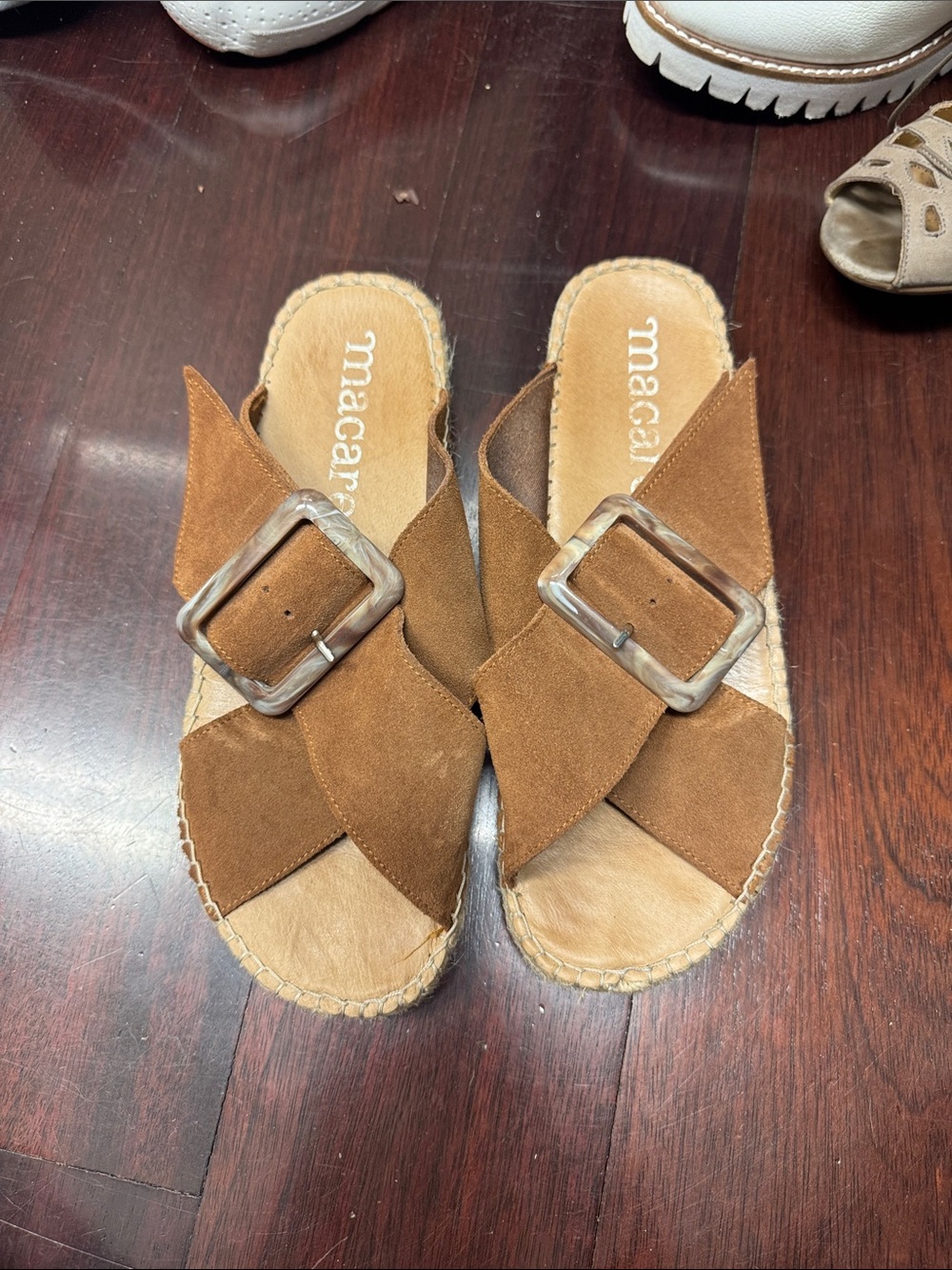 Macarena Brown Suede Buckle Crossover Slide Mules